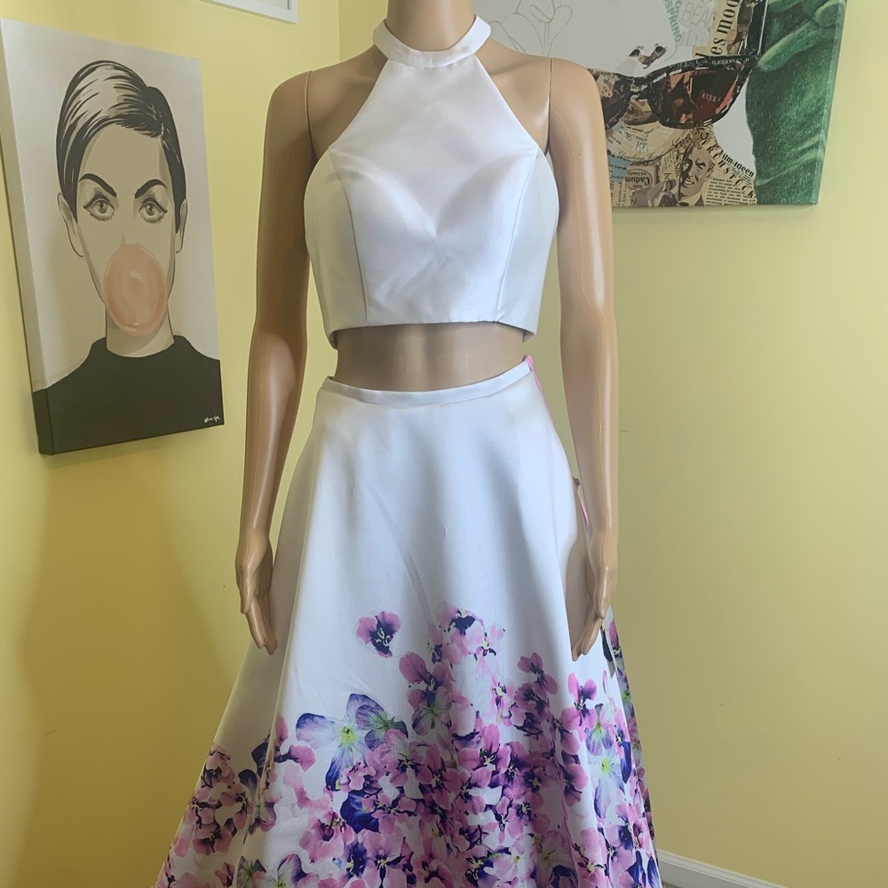 NWT BLUSH PROM 2-Piece Dress in White with Purple/Blue/Green Floral Print, Sz 2 - Picture 5 of 9